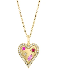 Effy Pink Sapphire (1/8 ct. t.w.), Ruby Accent, & Diamond (1/6 ct. t.w.) Heart Halo 18" Pendant Necklace in 14k Gold
