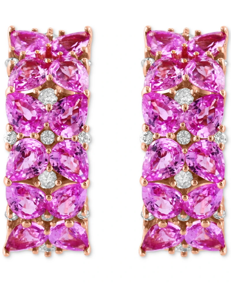 Effy Pink Sapphire (5 ct. t.w.) & Diamond (1/4 ct. t.w.) Pear Cluster Small Hoop Earrings in 14k Rose Gold, 0.75"