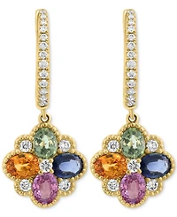 Effy Multi-Sapphire (1-7/8 ct. t.w.) & Diamond Flower Dangle Hoop Earrings in 14k Gold