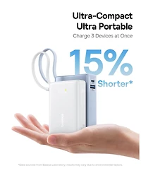 Baseus Power Bank, Picogo 10000mAh 45W 3-Output Portable Charger with Built-in Usb-c Cable, White