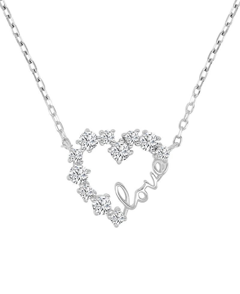 Cubic Zirconia Love Script Heart Pendant Necklace in Sterling Silver 18"