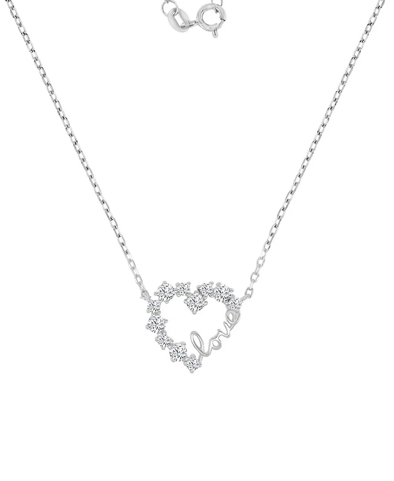 Cubic Zirconia Love Script Heart Pendant Necklace in Sterling Silver 18"