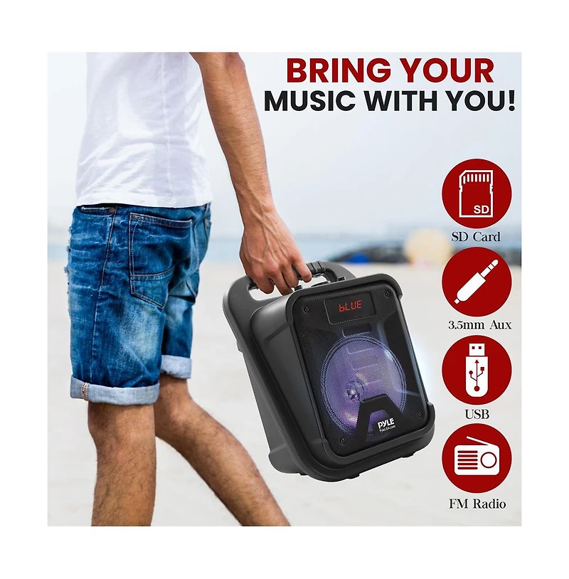 Pyle Portable Pa Speaker System with Led Lights, Wireless Microphone, Bluetooth, Fm Radio & Rechargeable Battery