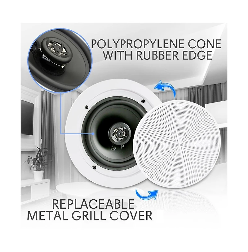 Pyle 6.5” Bluetooth Ceiling / Wall Speakers - 2-Way Flush Mount, Built-in Bluetooth, 200W Max Power