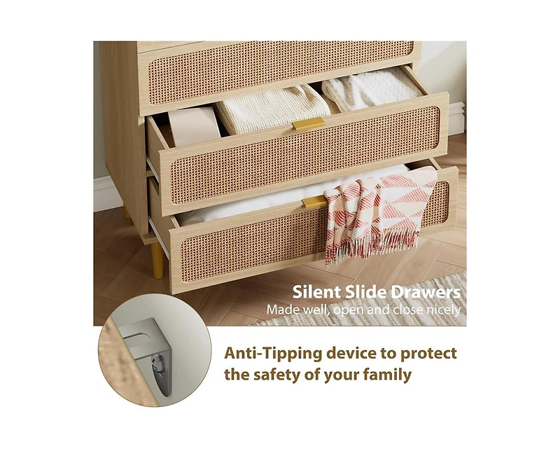 Rattan 5 Drawer Dresser for Bedroom, Tall Dresser with Deep Drawers, Large Chest of Drawers for Closet with Wide Top