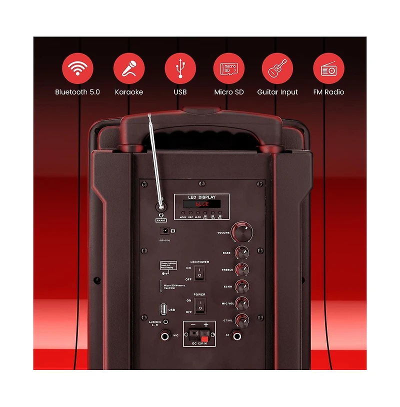 Pyle 15" Bluetooth Portable Pa Speaker with Rechargeable Battery, Two Wireless Microphones, Wired Microphone, Tablet Stand, Flashing Party Lights, Usb