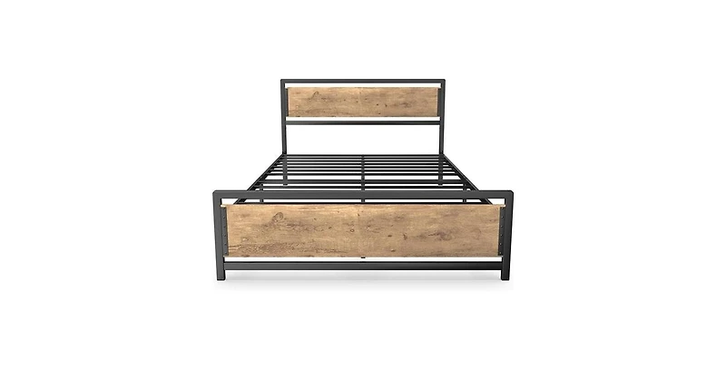 Slickblue Industrial Wood Platform Bed Frame with Headboard and Footboard for Modern Bedroom Decor