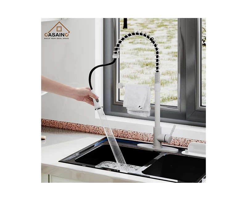Casainc Spring Pull Down Sprayer Kitchen Faucet with Dual-Function Spray Head and Deck Plate