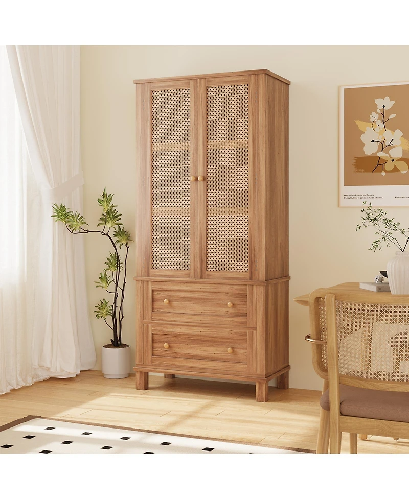 gaomon Kitchen Pantry Storage Cabinet,64.1Inch Tall Storage Cabinet with Rattan Doors and 2 Drawers, Pantry Cabinet with Adjustable Shelf, Utility Pan