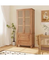 gaomon Kitchen Pantry Storage Cabinet,64.1Inch Tall Storage Cabinet with Rattan Doors and 2 Drawers, Pantry Cabinet with Adjustable Shelf, Utility Pan