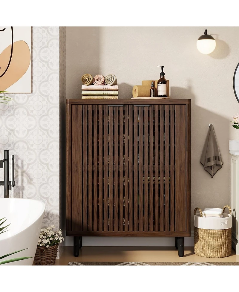 Tribesigns 6-Tier Bathroom Floor Cabinet with 2 Louvered Doors, Large Wooden Bathroom Storage Cabinet with Adjustable Shelves, Freestanding Sideboard