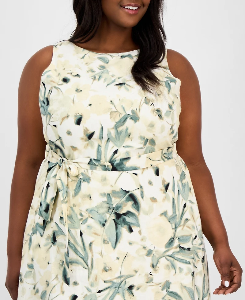 Anne Klein Plus Size Floral-Print Linen-Blend Fit & Flare Dress