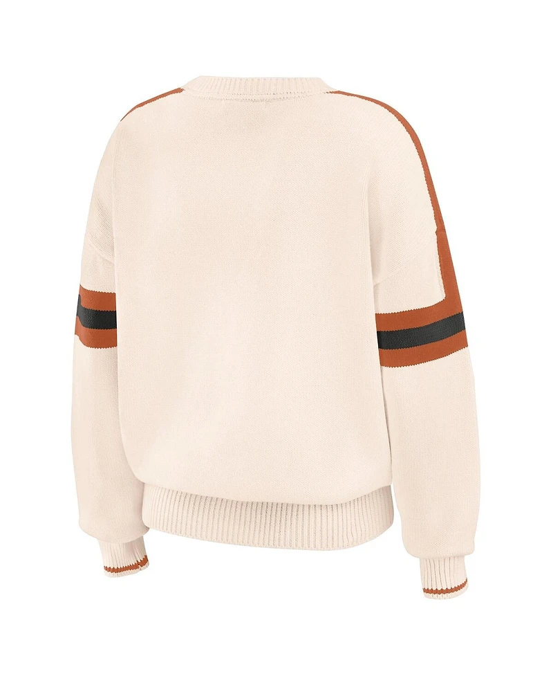 Wear by Erin Andrews Women's Cream Texas Longhorns Chenille Woven Patch Stripe Pullover Sweater