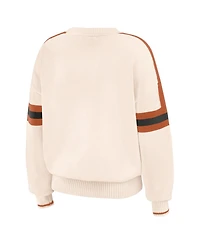Wear by Erin Andrews Women's Cream Texas Longhorns Chenille Woven Patch Stripe Pullover Sweater