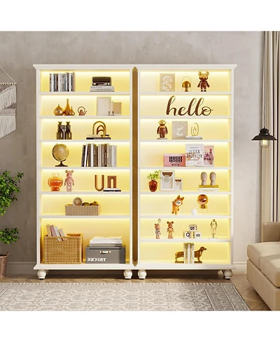 Tribesigns 2 Set 9-Tier Tall Bookcase with Led Lighting, 69" Modern Freestanding Bookshelf Solid Wood Legs, Wooden Open Display Shelf Organizer f