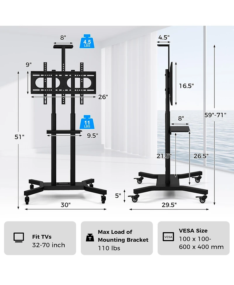 Gymax Mobile Tv Stand for 32-70 inch Flat or Curved TVs up to 110 lbs w/Av Shelf