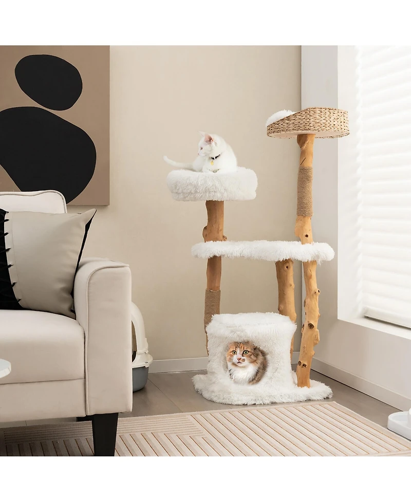 Gymax 49'' Tall Wooden Cat Tree Solid Wood Cat Tower with Jute Scratching Posts