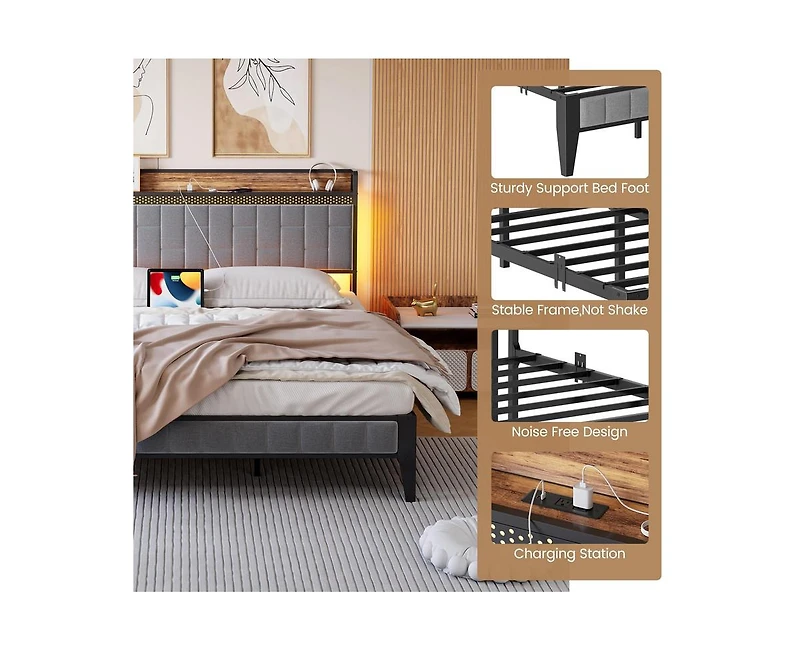 gaomon Queen Bed Frame with Charging Station, Led Bed Frame with Storage Headboard, Upholstered Platform Bed Frame Queen Size, No Box Spring Needed, E