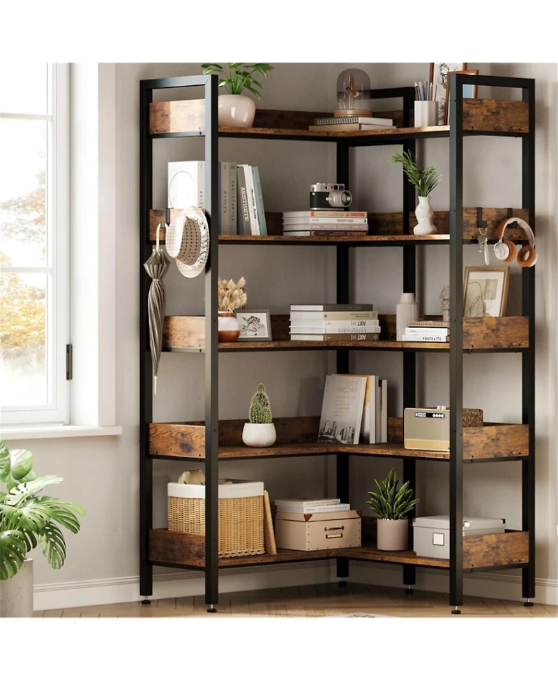 gaomon Corner Bookshelf, 5 Tier Convertible Corner Book Shelf, Modern Industrial Bookcase, L Shaped Storage Display Shelf for Home Office, Living Room