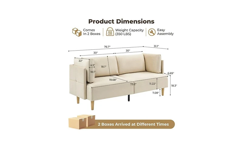 gaomon 76.7" Modern Loveseat Sofa With Armrests, Modern Sofa With Deep Seats And 2 Removable Back Cushions, For Living Room, Bedroom, Apartment, Offic