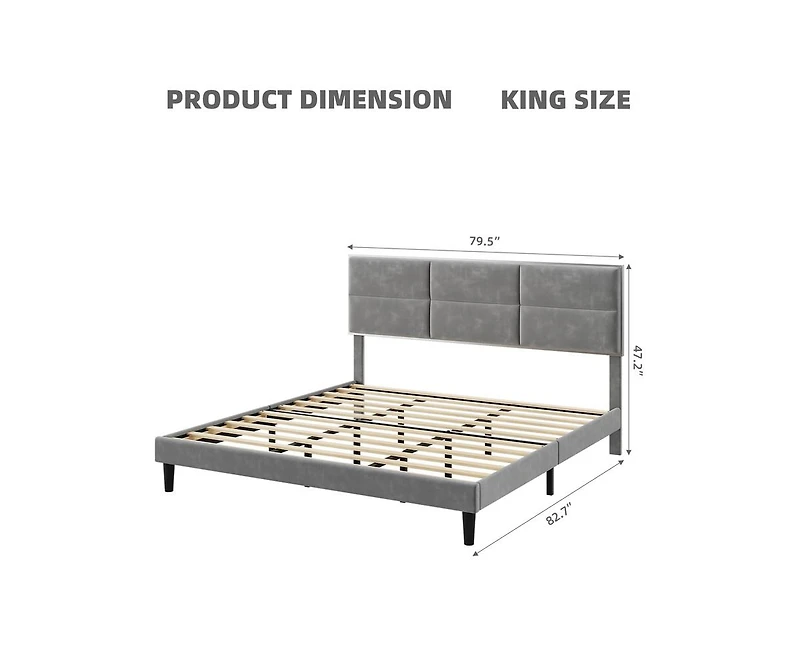 gaomon King Size Velvet Bed Frame with Headboard, Modern Upholstered Platform Bed, Mirror Stainless Steel Decoration, Wooden Slats Support, No Box Spr