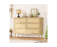 gaomon Rattan 6 Drawer Dresser, Farmhouse Wooden Chest of Drawers with 5 Metal Legs, Golden Handles, Wide Double Drawer Dresser for Bedroom