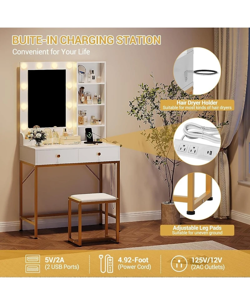 gaomon Vanity Desk with Mirror and Lights, Makeup Vanity with 2 Large Drawers and 3 Open Shelves, 3 Lighting Modes Brightness Adjustable, Bedroom