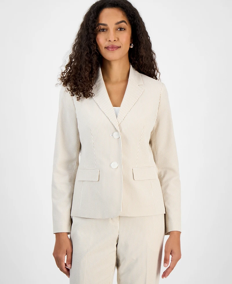 Le Suit Women's Seersucker Two-Button Notch-Collar & Mid-Rise Slim Pants Set, Regular & Petite