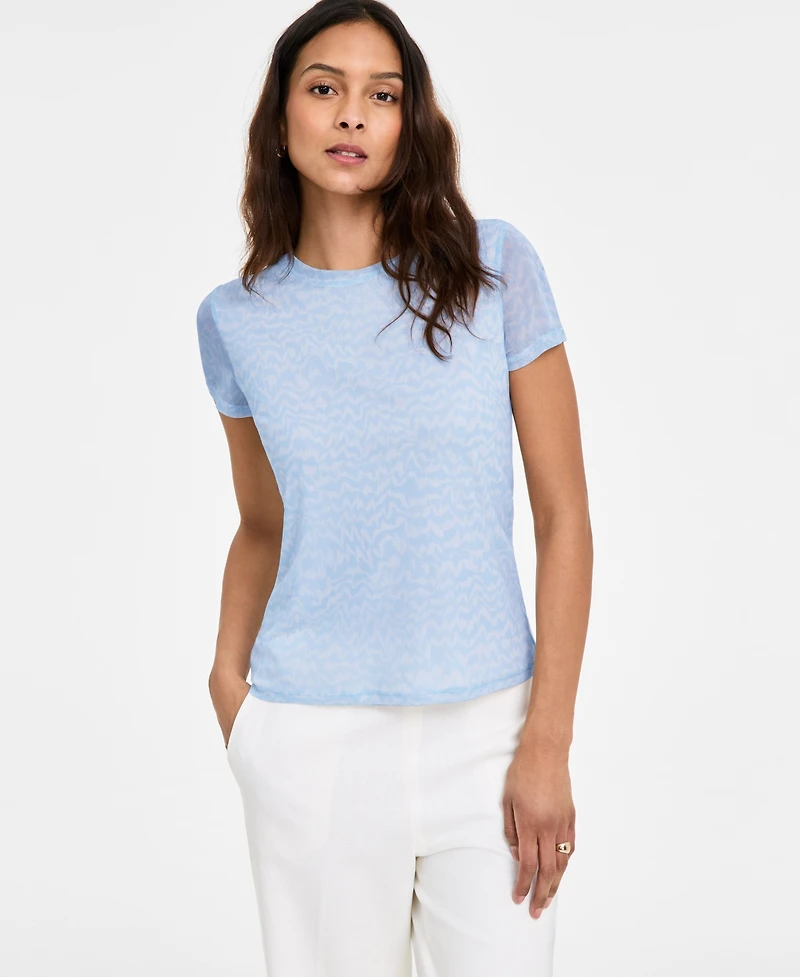 Bar Iii Women's Printed Mesh Crewneck Top, Exclusively at Macy's