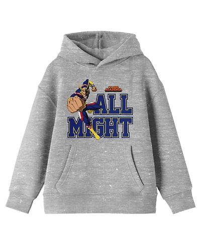 My Hero Academia Boys All Might Collegiate Text Long Sleeve Athletic Heather Youth Hooded Sweatshirt-xl