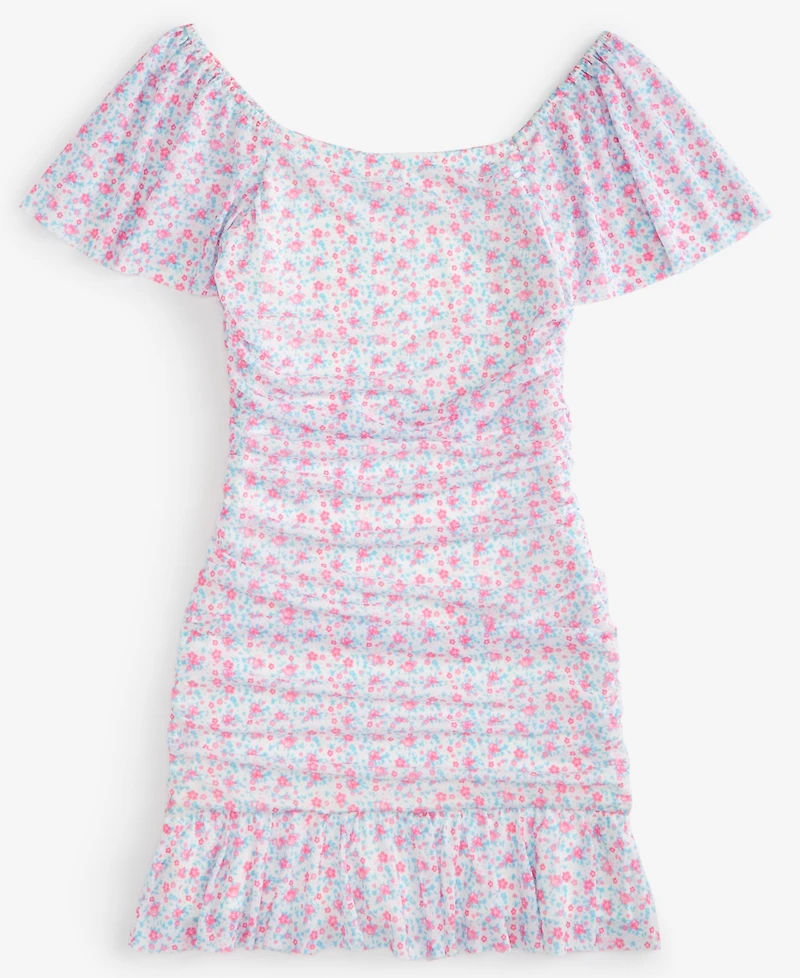 With Jules Big Girls Ruched Flutter-Sleeve Mesh Dress