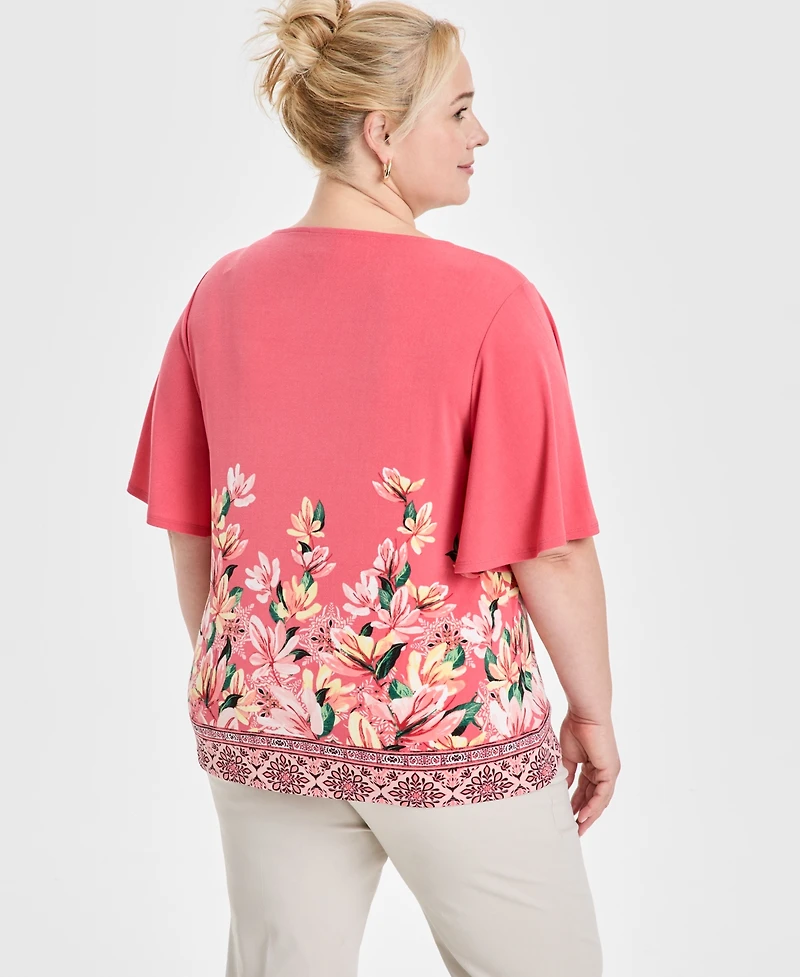 Jm Collection Plus Size Printed Square-Neck Short-Sleeve Top, Exclusively at Macy's
