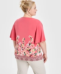 Jm Collection Plus Size Printed Square-Neck Short-Sleeve Top, Exclusively at Macy's