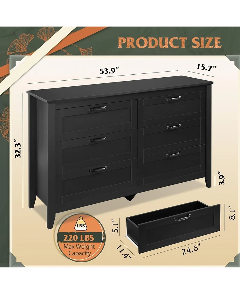 Wlive 6 Drawer Dresser Retro Chest of Drawers with Metal Handle Double Wood for Bedroom Living Room Large Storage Cabinet