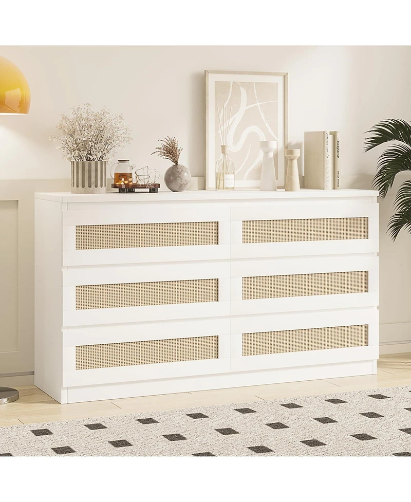 gaomon Rattan Dresser for Bedroom, Modern 6 Drawer Double Dresser with Anti-Tip Kit