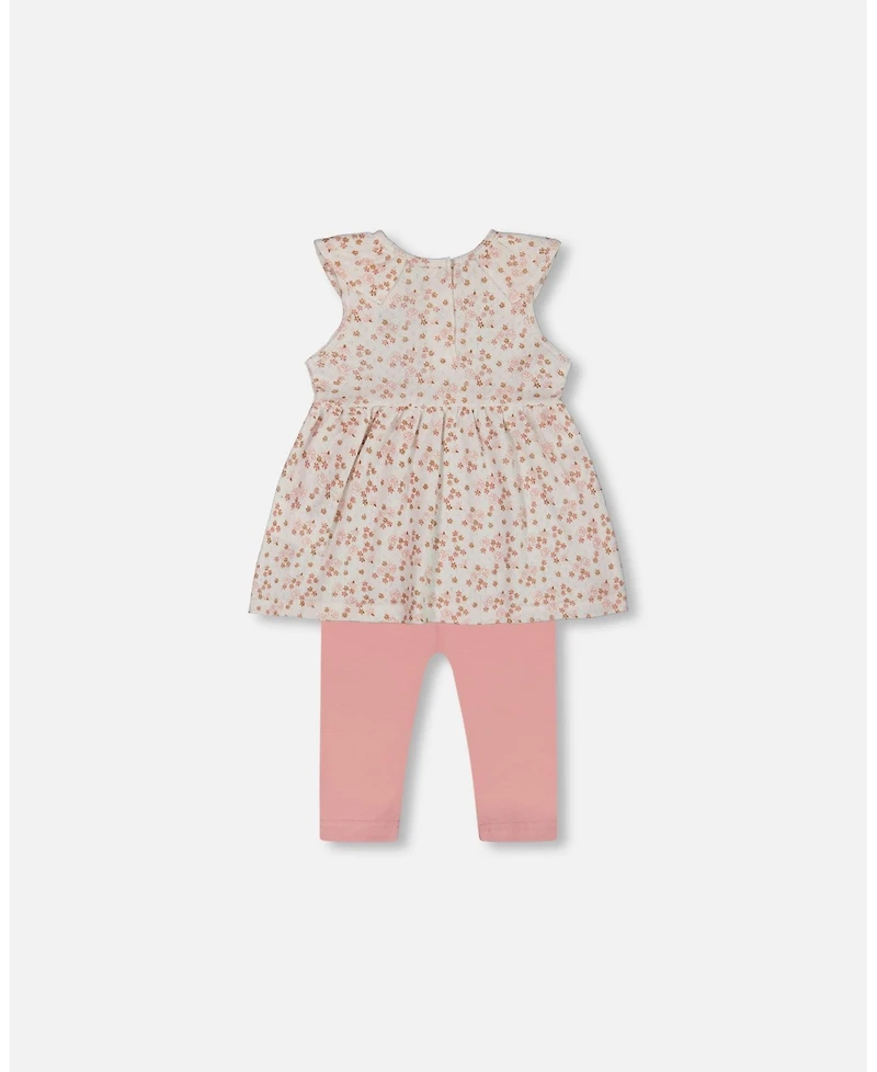 Deux par Baby Girls Printed Organic Cotton Tunic And Leggings Set White With Pink Flowers