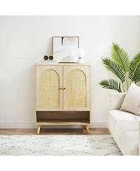 gaomon Rattan Shoe Storage Cabinet with 4 Flip Drawers, Narrow Shoe Rack Cabinet, Freestanding Wooden Shoe Organizer Cabinet for Entryway, Hallway