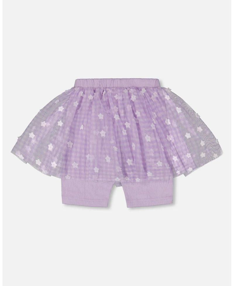 Deux par Deux Toddler Girls Crinkle Biker Short With Flower Mesh Skirt Lilac With White Flowers - Toddler|Child