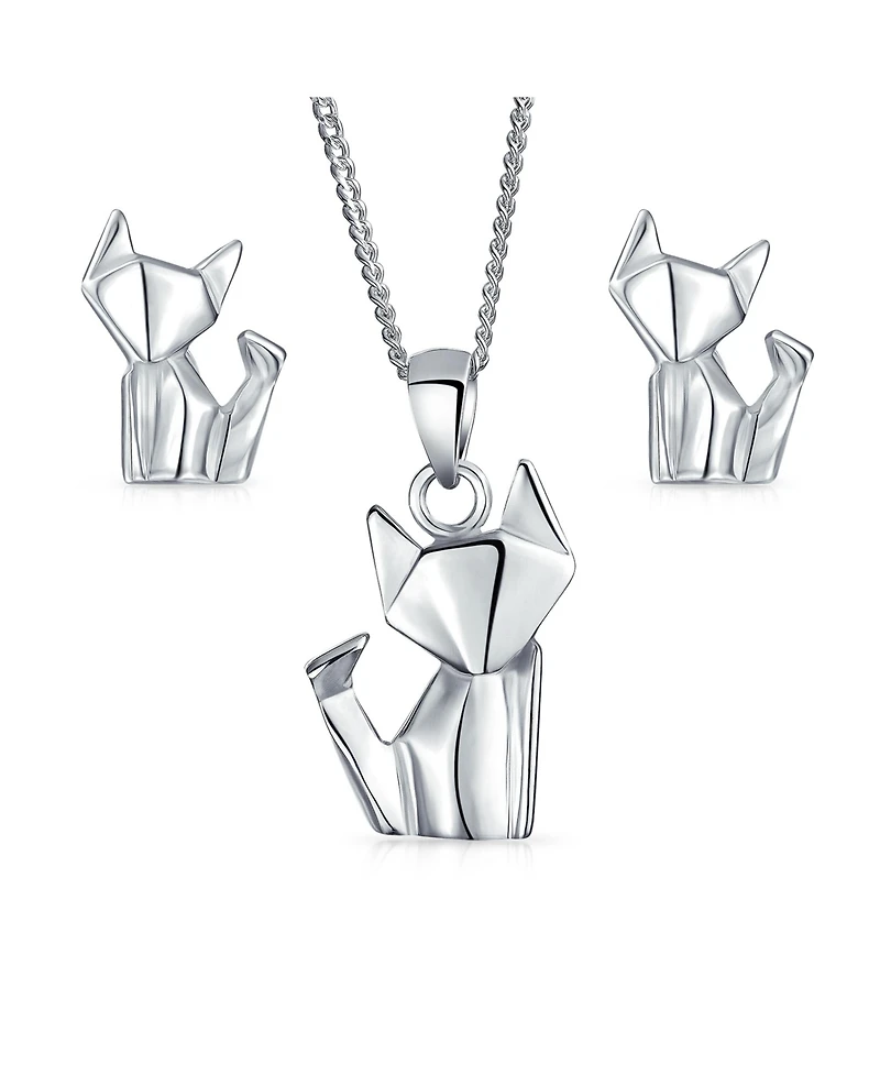 Bling Jewelry 3D Geometric Jewelry Set Origami Jewelry Animals Kitten Cat Stud Earrings & Pendant Necklace .925 Sterling Silver