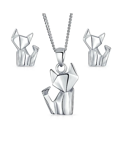 Bling Jewelry 3D Geometric Jewelry Set Origami Jewelry Animals Kitten Cat Stud Earrings & Pendant Necklace .925 Sterling Silver