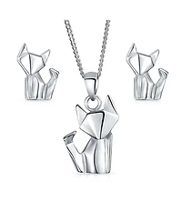 Bling Jewelry 3D Geometric Jewelry Set Origami Jewelry Animals Kitten Cat Stud Earrings & Pendant Necklace .925 Sterling Silver