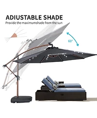 EchoSmile 10ft Solar Offset Patio Umbrella With 8 Ribs and 32 Led Lights Cantilever Hanging Outdoor Umbrella Crank w/easy Tilt Adjustment & Uv Protect
