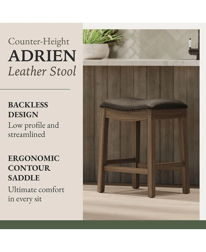 Maven Lane Adrien Counter Stool, Reclaimed Oak, Ronan Stone Leather, Set of 2