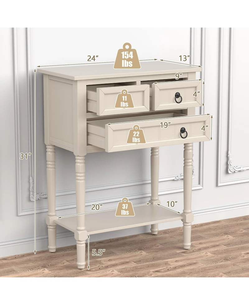 Gouun Narrow Console Table with 3 Storage Drawers and Open Bottom Shelf
