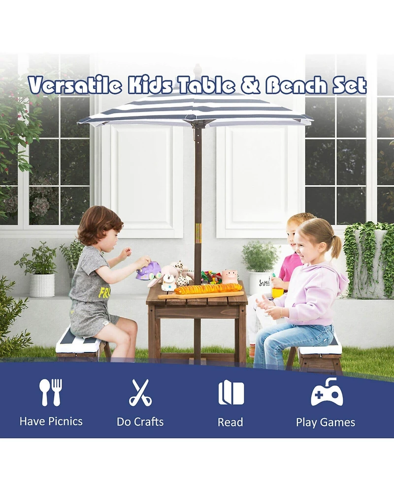 Gouun Kids Picnic Table and Bench Set with Cushions and Height Adjustable Umbrella