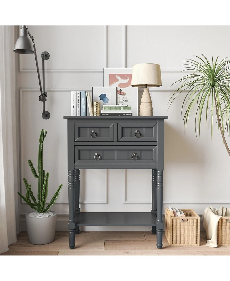 Gouun Narrow Console Table with 3 Storage Drawers and Open Bottom Shelf