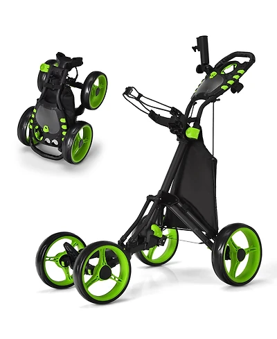 Gymax 4 Wheels Foldable Golf Push Pull Cart Trolley w/ Brake Waterproof Bag