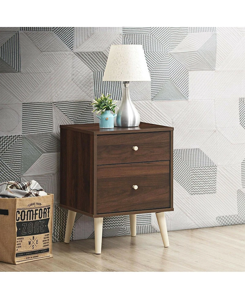 Gymax Nightstand 2-Drawer Beside End Side Table w/Rubber Legs Oak Finish