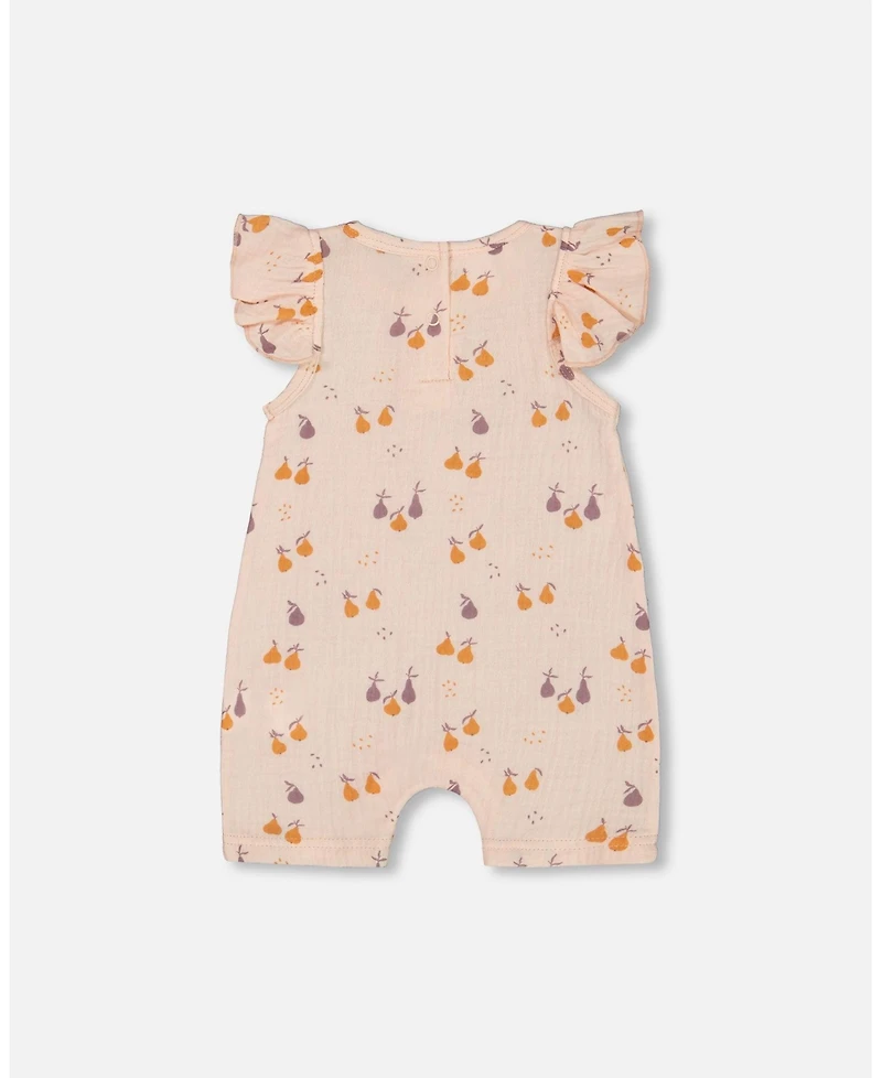 Deux par Baby Girls Printed Muslin One Piece Romper Peach With Pears