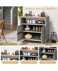 Gouun Rattan Storage Cabinet with Acacia Wood Countertop for Poolside Deck and Patio